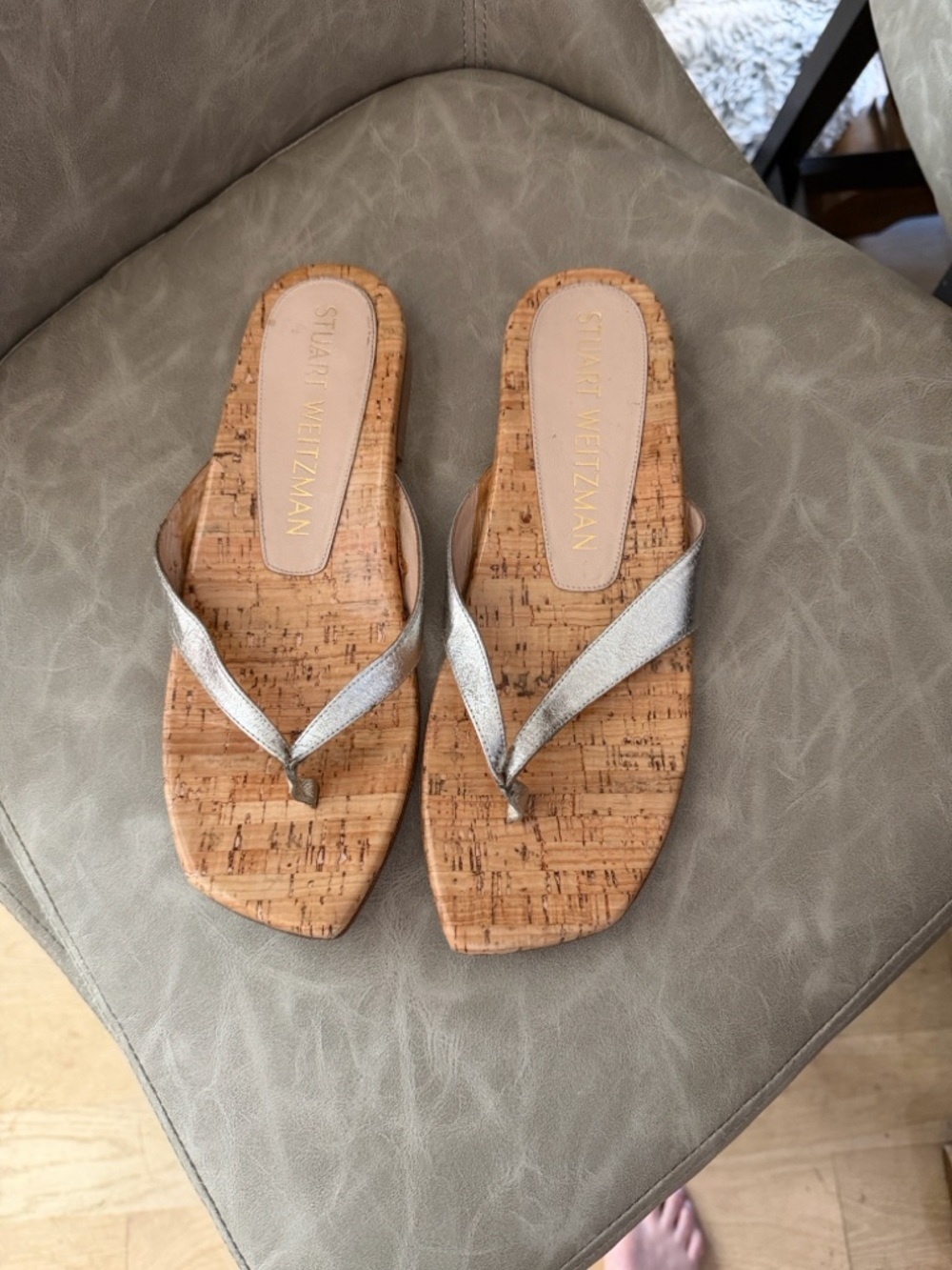 Stuart Weitzman Silver Metallic Cork Thong Sandals